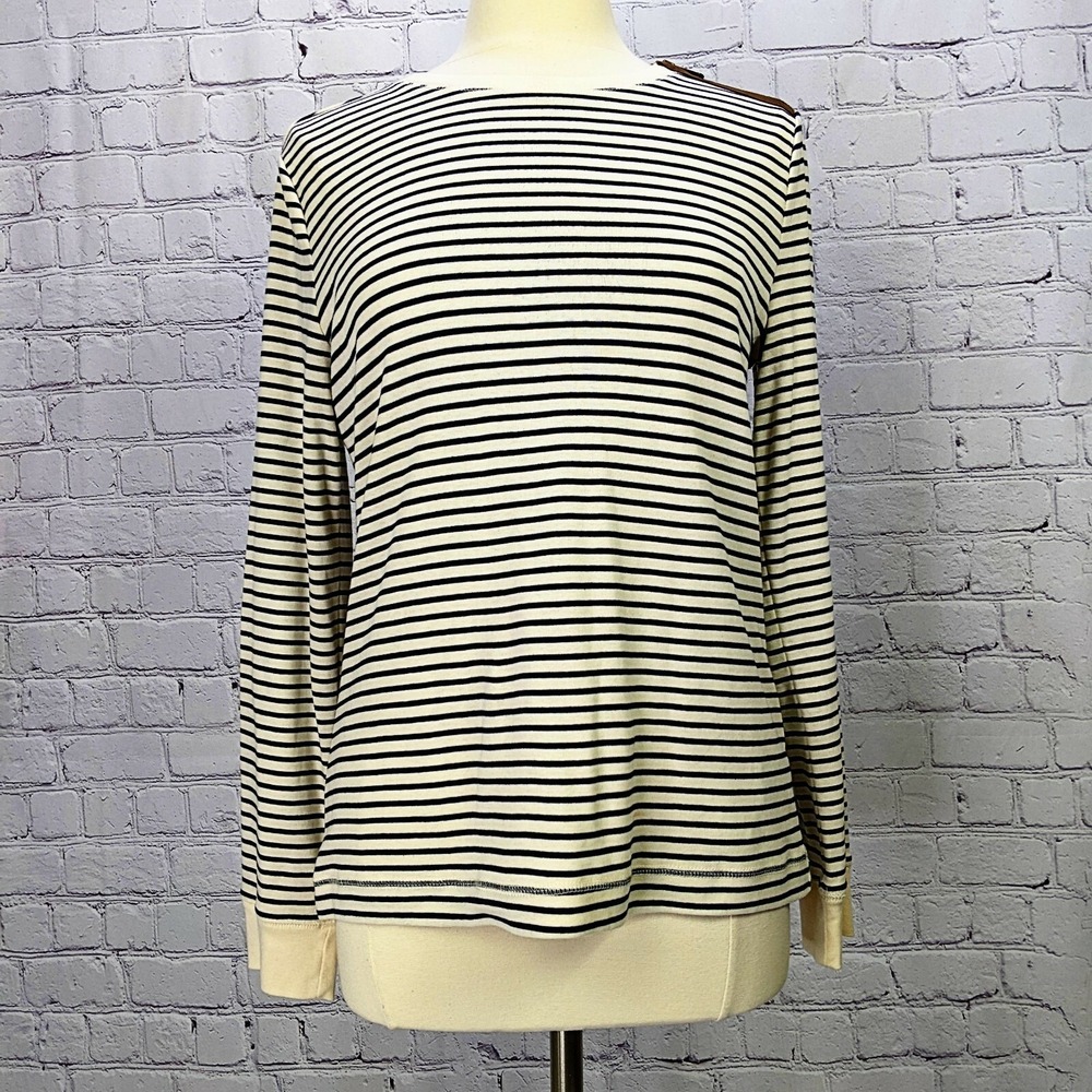 Lauren Ralph Lauren SZ L  Navy Striped Suede Elbow Patch Shirt Zip Equestrian